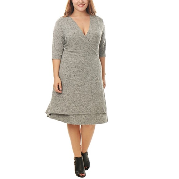 Plus Size Grey V Neck Layered Wrap Knit Dress - Picture 2 of 5